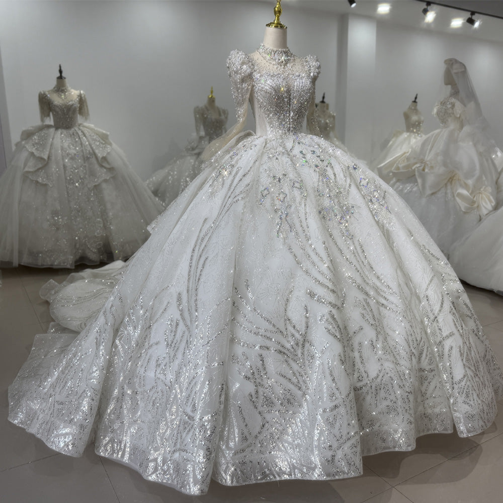 TW122 Princess Wedding Dress Long Sleeve O-Neck Lace Up Keyhole Back Beading Sequins Rhinestones Crystal Ball Gown Bridal Dress