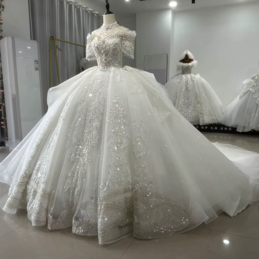 TW173 Vestidos Novias Boda Sweetheart Off Shoulder Lace Up Back Wedding Dress Beading Sequins Ball Gown Bridal Dress For Brides