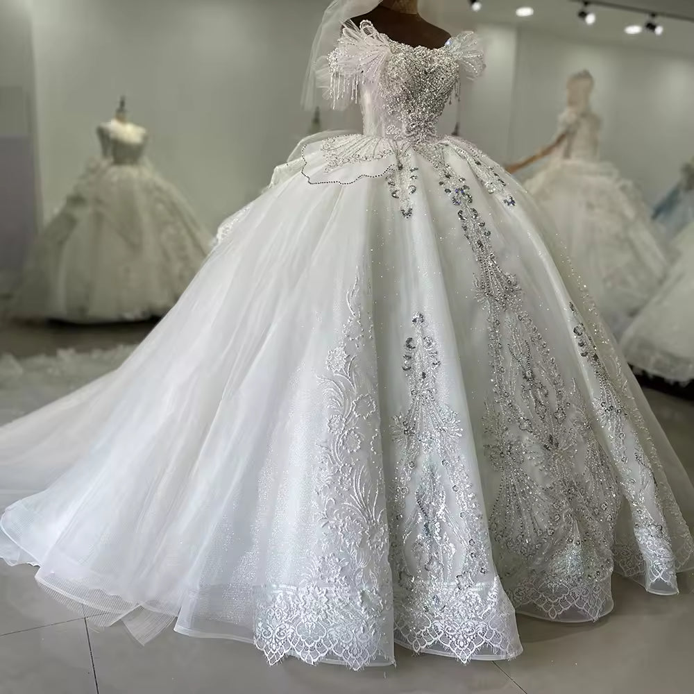 TW144 Robes Mariage Off Shoulder Wedding Dress Lace Up Back Beading Crystal Embroidery Ball Gown Bridal Dress