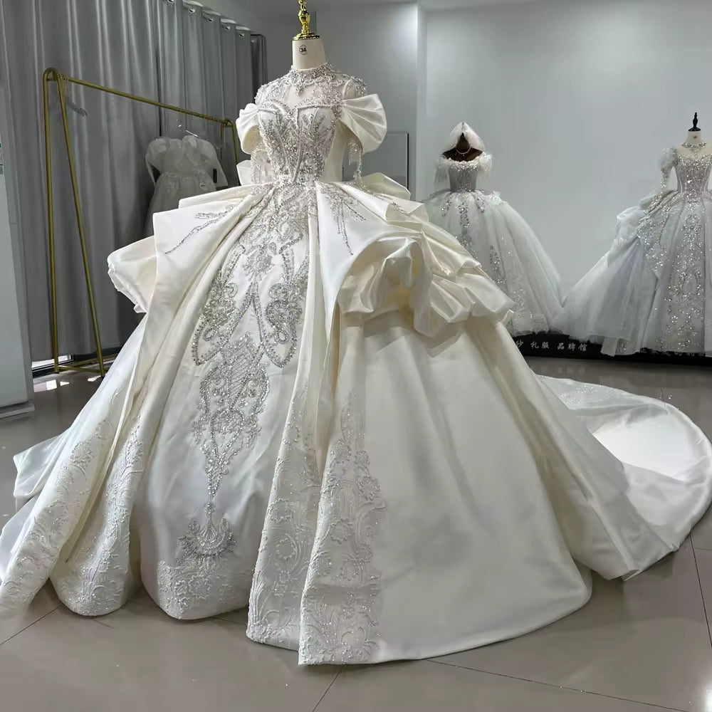 TW171 Robe De Mariée Civil Three Quarter Sleeve High Lace Up Back Bow Wedding Dress Beading Sequined Crystal Ball Gown Bridal Dress