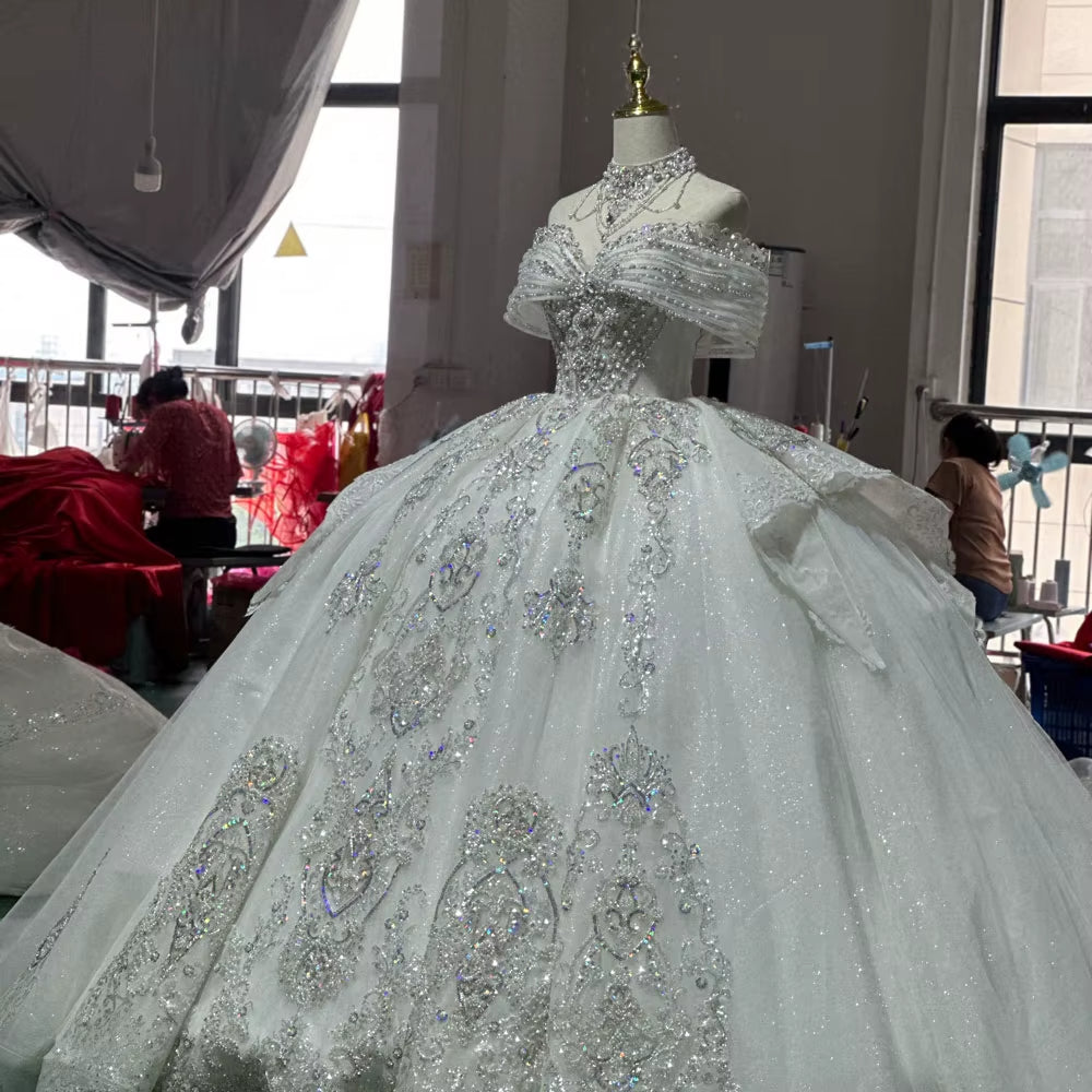 TW210 Vestidos Boda Civil Sweetheart Off Shoulder Wedding Dress Lace Up Back Beading Ball Gown Lace Bridal Dress