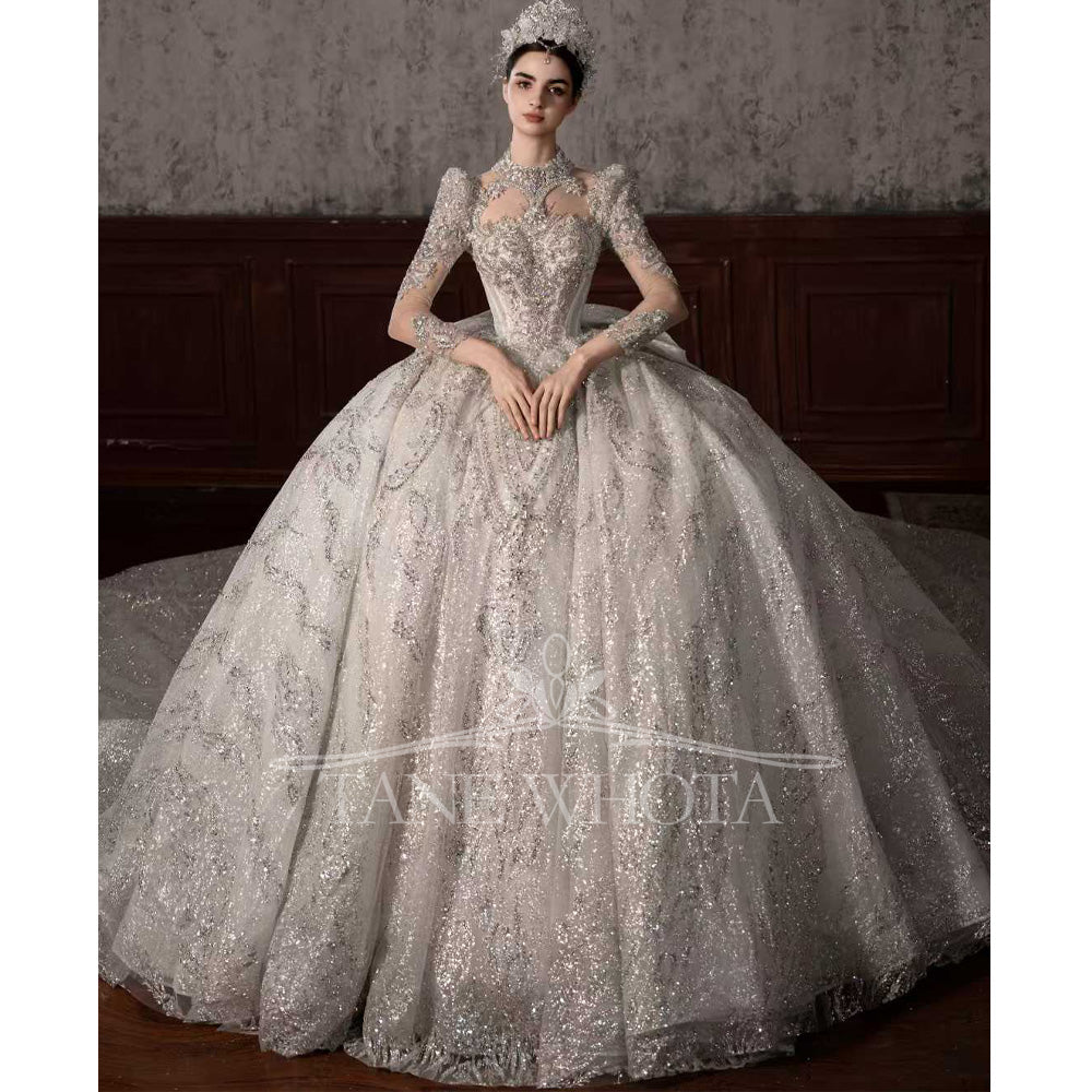 TW545 Luxury High Long Sleeve Lace Wedding Dress Beading Sequined Brides Customizable