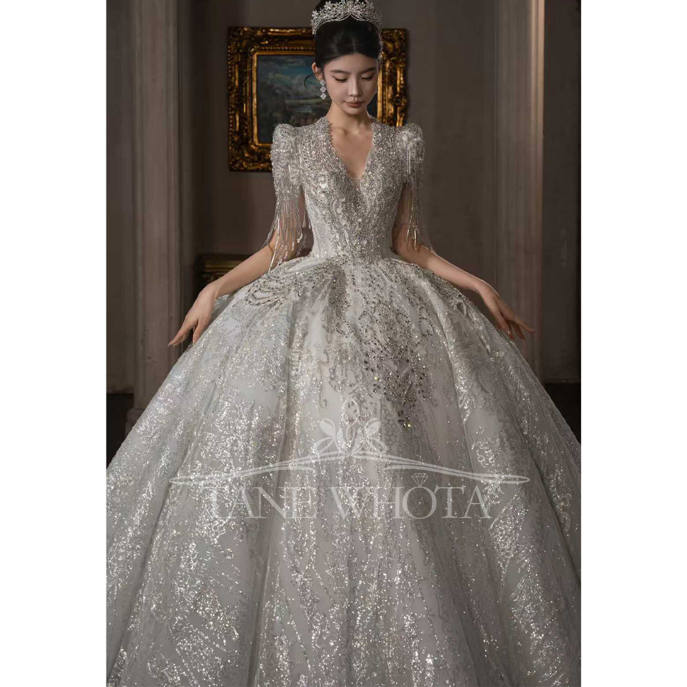 TW658 V-Neck Short Sleeve Crystal Ball Gown Wedding Dress Beaded Sequined Sexy Embroidery Customized