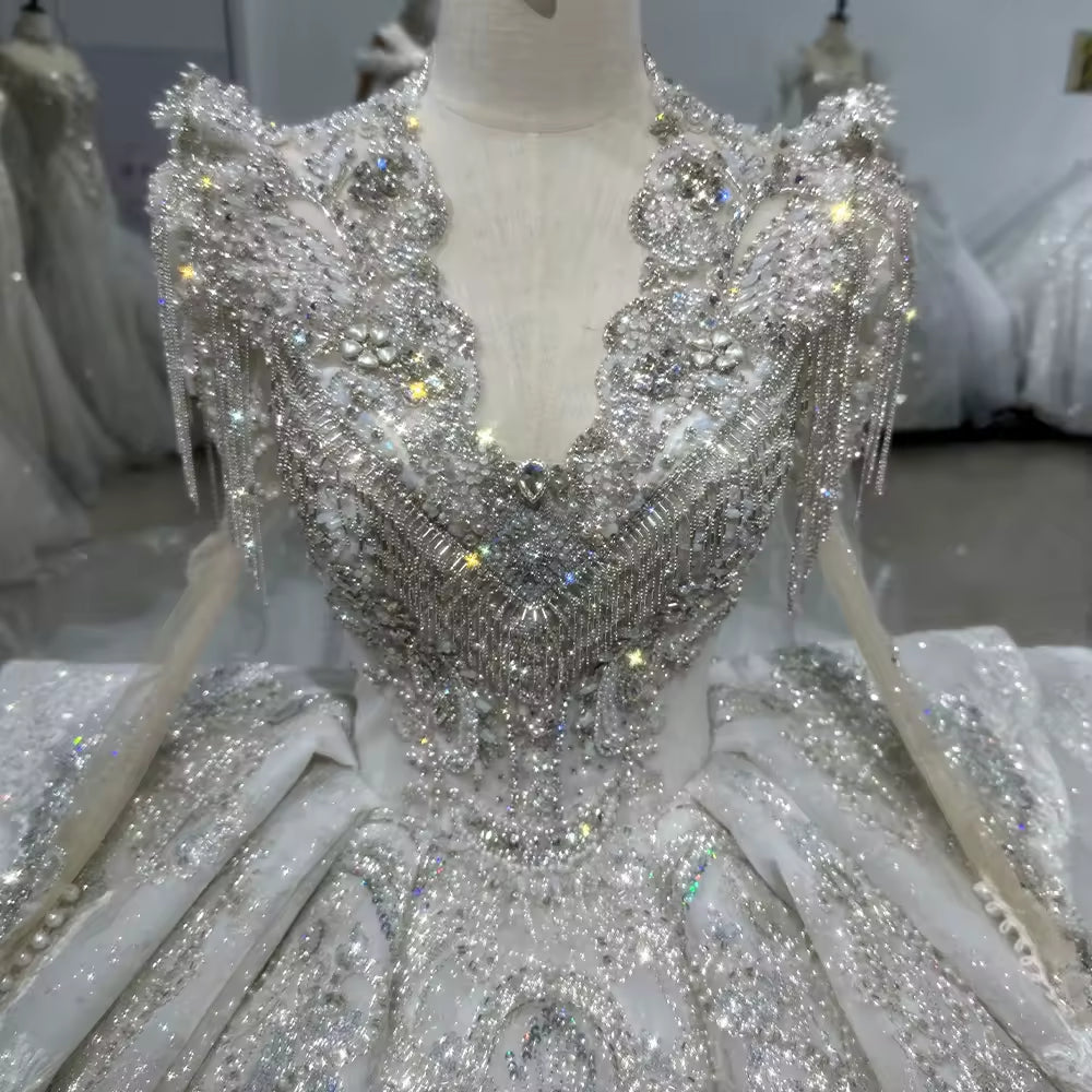 TW149 Vestido De Casamento Noiva Long Sleeve Scalloped V Neck Wedding Dress Lace Up Back Beading Crystal Ball Gown Bridal Dress