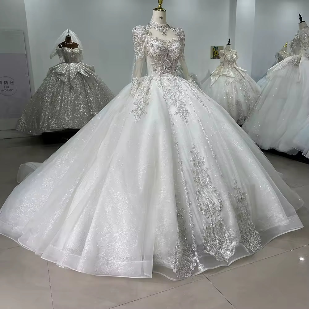 TW167 White Wedding Dress Long Sleeve Sweetheart Wedding Dress Button Back Ball Gown Sequined Beading Embroidery Bridal Dress