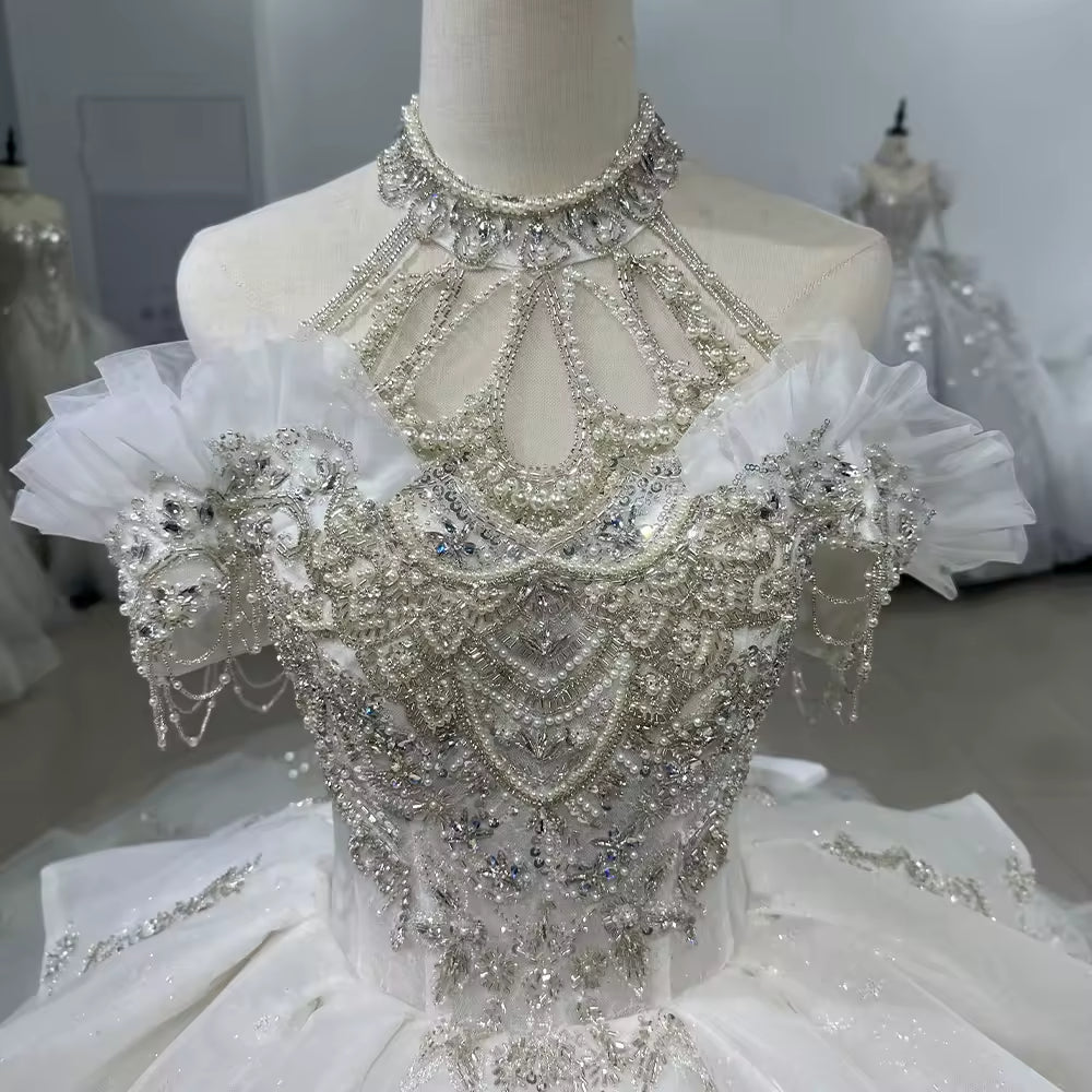 TW134 Vestido Novia 2025 Wedding Ball Gown Dress Halter Lace Up Back Beading Crystal Pearls Wedding Dress