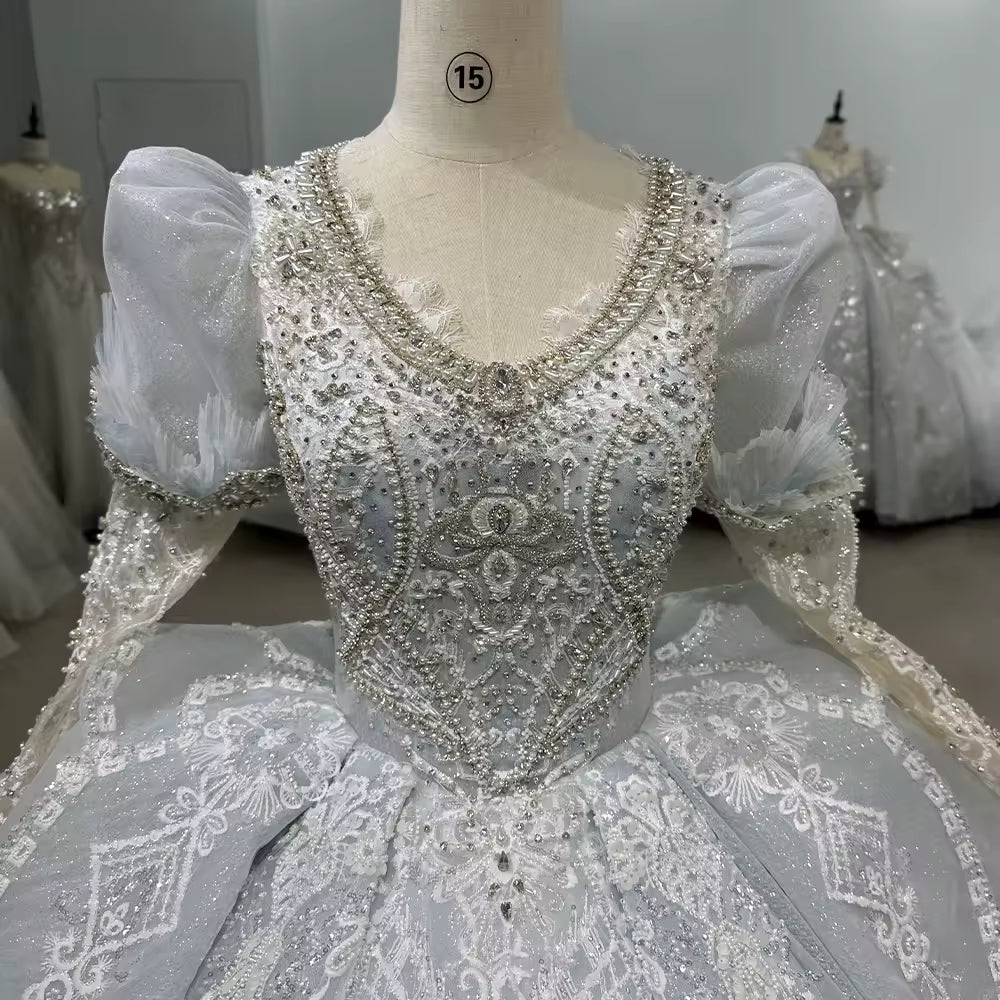 TW187 White Dress Bridal V-Neck Long Or Half Sleeve Wedding Dress Lace Up Back Beading Crystal Embroidery Ball Gown Bridal Dress