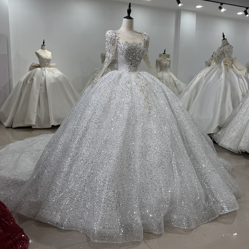 TW127 Vestidos De Noiva Casamento Long Sleeve O-Neck Keyhole Back Wedding Dress Beading Sequins Crystal Ball Gown Siver Bridal Dress