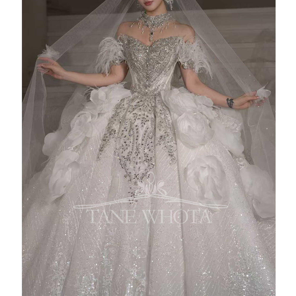 TW664 Elegant Sweetheart Off-Shoulder Beaded Sequined Feathers Wedding Dress Customized Bridal Gown
