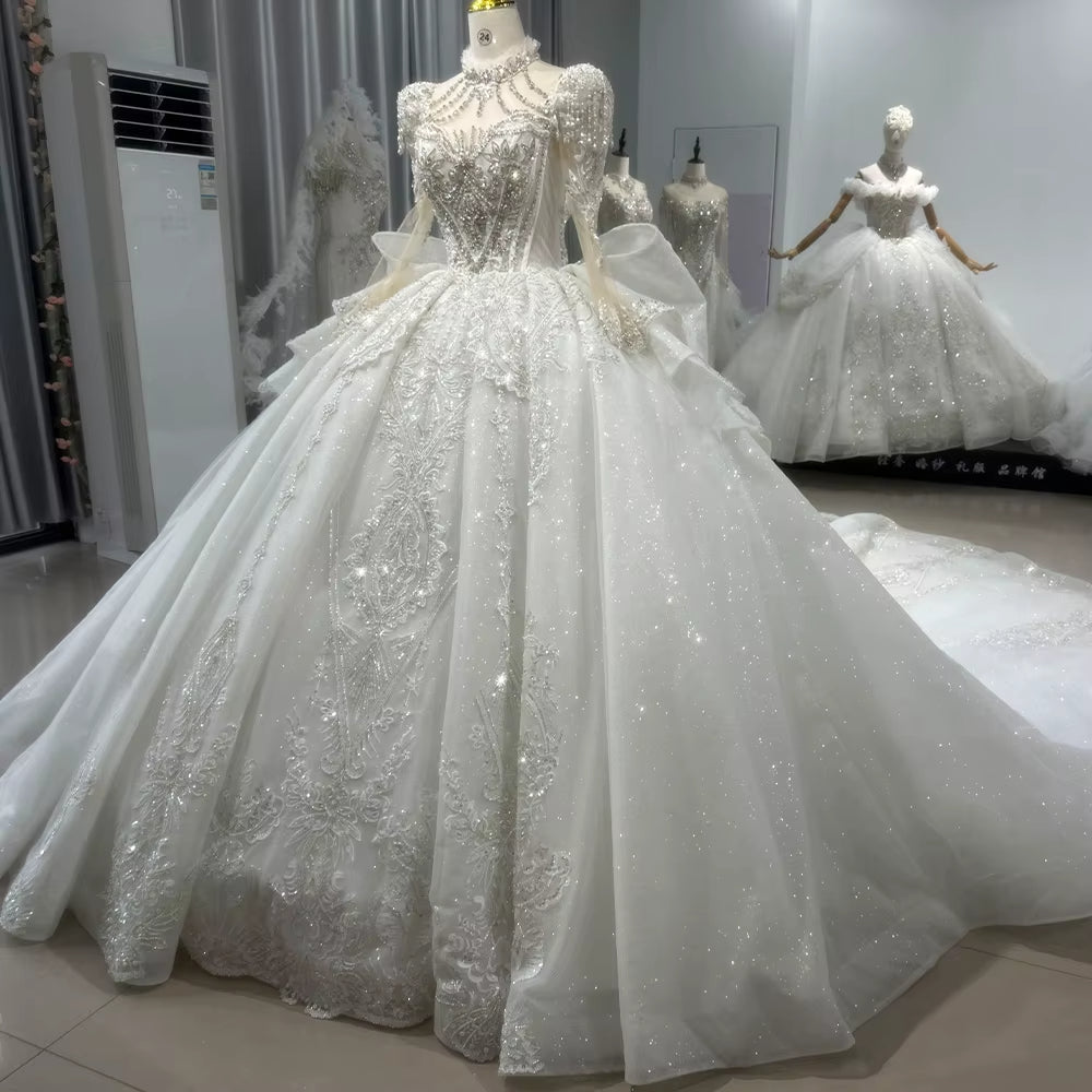 TW132 Long Sleeve Wedding Gown High Lace Up Keyhole Back Wedding Dress Embroidery Bow Beading Sequined Crystal Ball Gown Bridal Dress