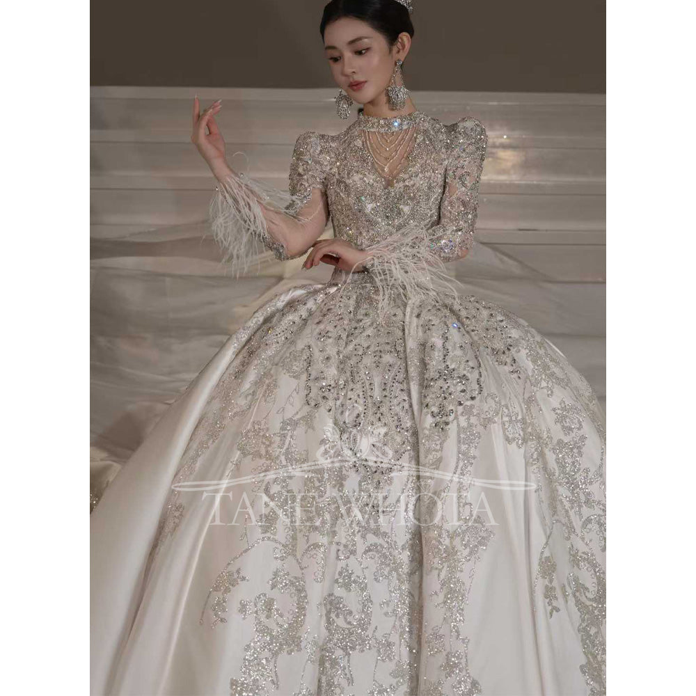 TW663 Luxury O-Neck Long Sleeve Beaded Sequined Ball Gown Wedding Dress Customized Vestido Noiva Casamento