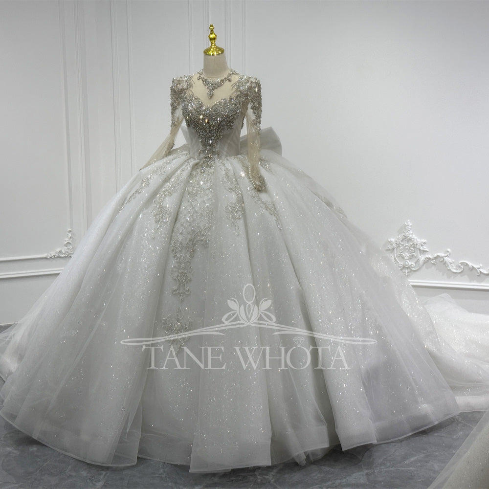 Luxury O-Neck Wedding Dress With Long Sleeves Crystal Sequined Bow Keyhole Back Lace-Up Customized Ball Gown For Women