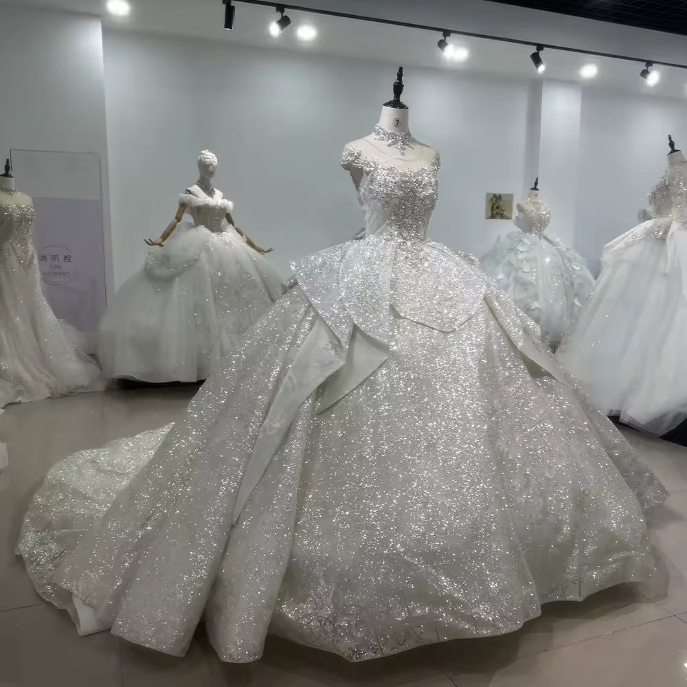 TW161 Vestido Casamento 2025 Cap Sleeve O-Neck Lace Up Back Wedding Dress Beading Sequined Star Crystal Ball Gown Luxury Bridal Dress