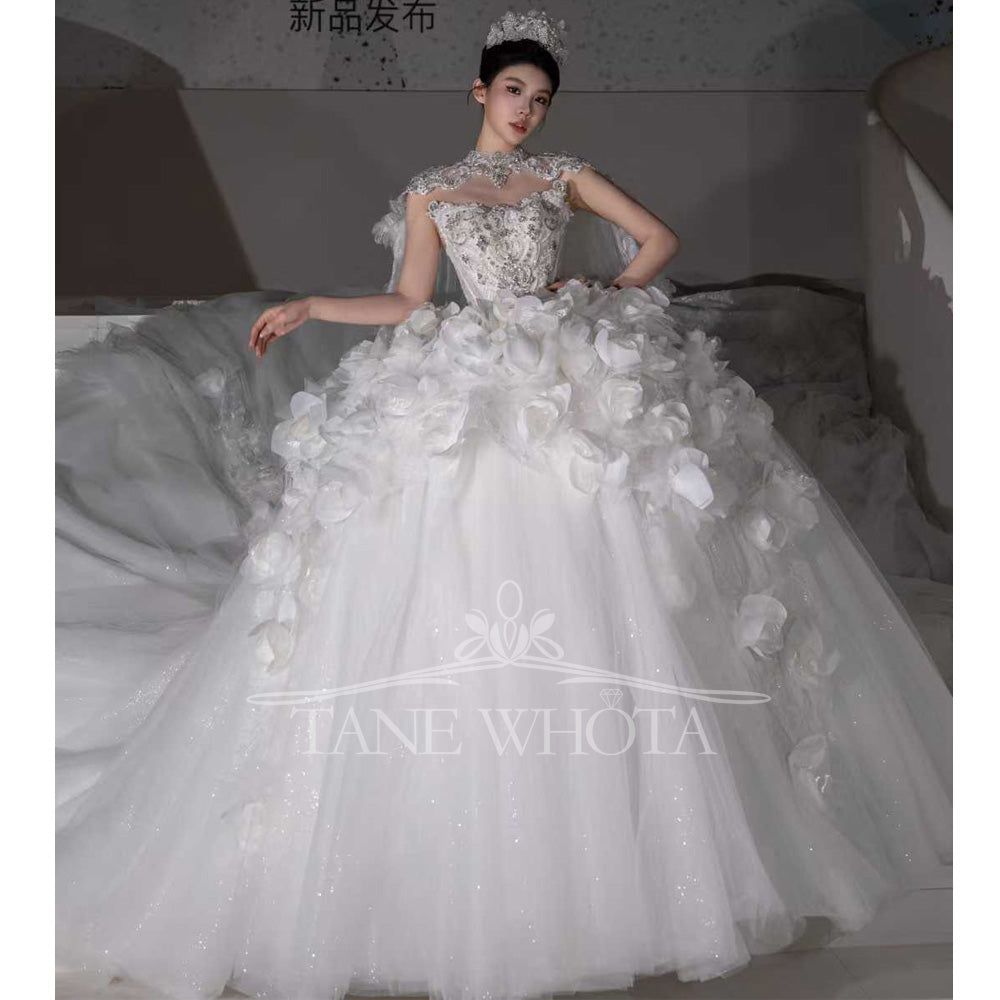 TW679 Luxury High Cap Sleeve Sequined 3D Flower Embroidery Wedding Dress Sexy Customized Vestidos De Novia 2026