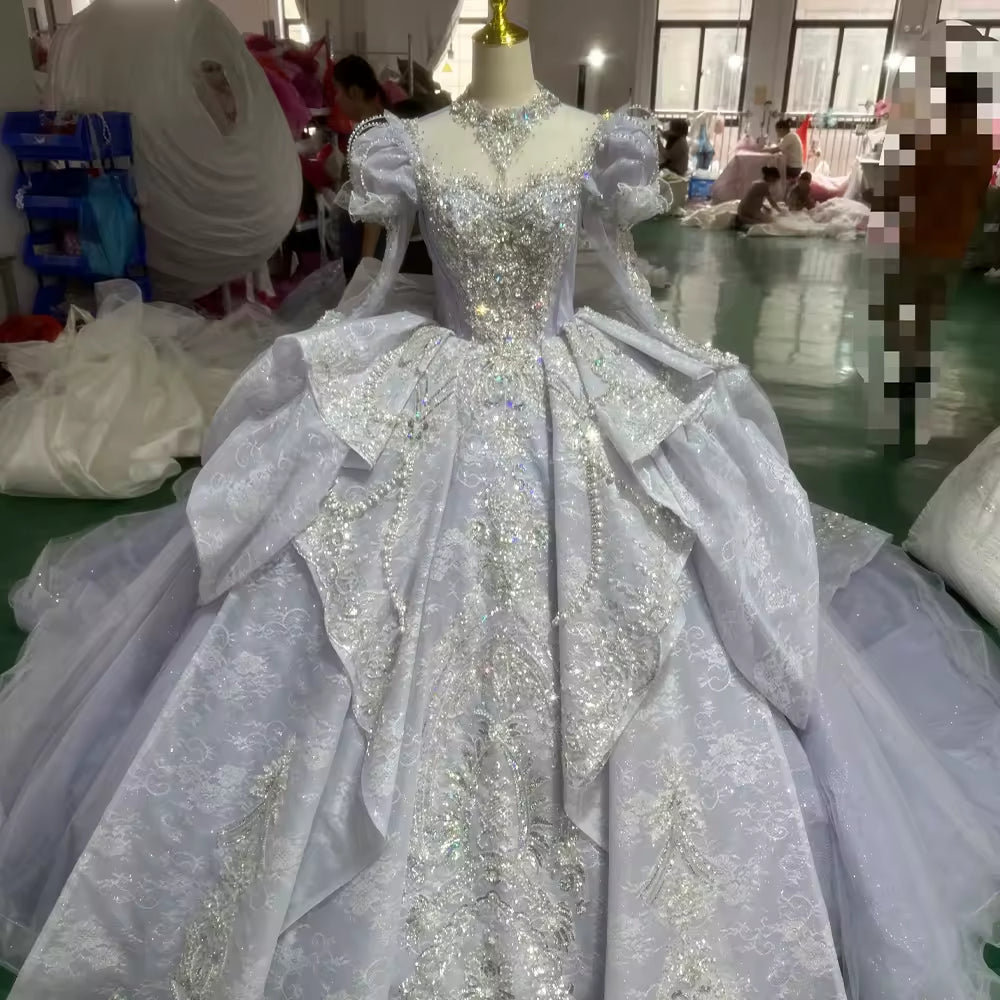 TW153 Luxury Purple Evening Dress Long Sleeve High Neck Lace Up Back Bow Beading Ball Gown Rhinestones Formal Dress