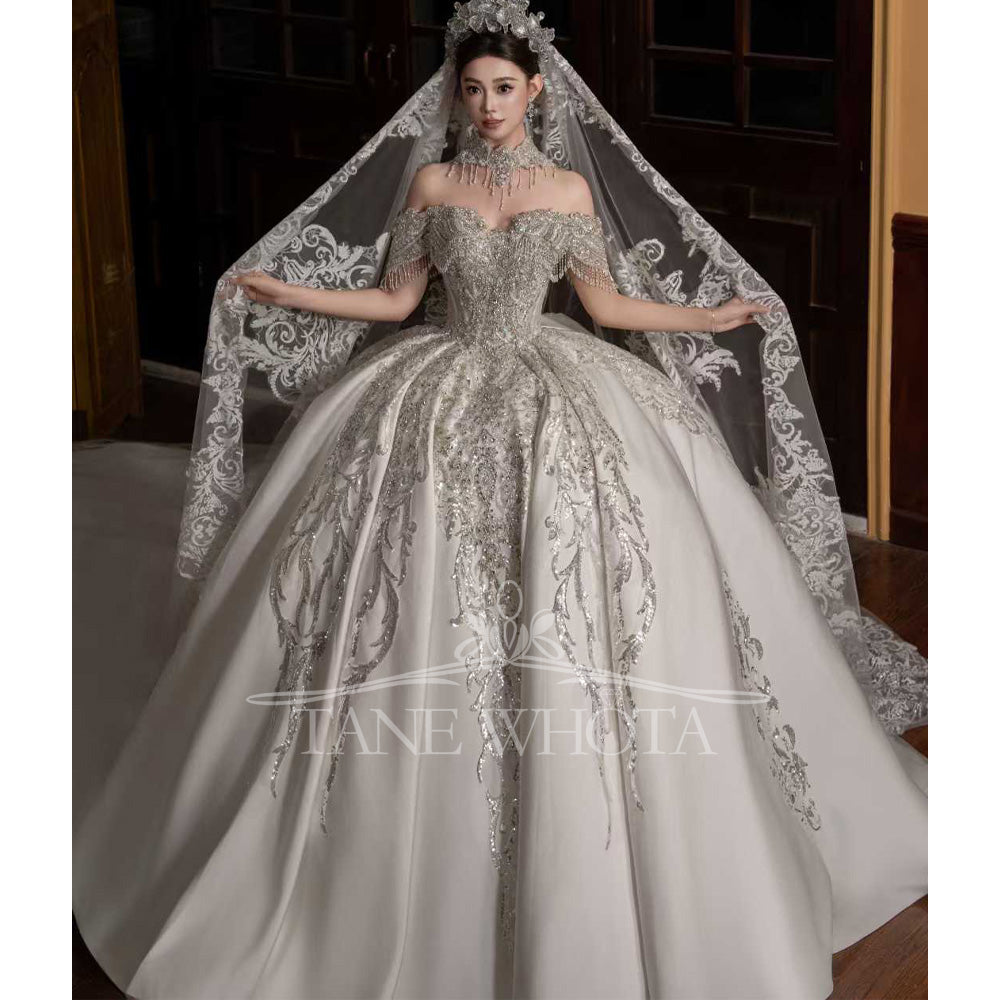 TW671 Customized Sweetheart Off-Shoulder Beaded Sequined Ball Gown Wedding Dress Elegant Floor-Length Bridal Gown