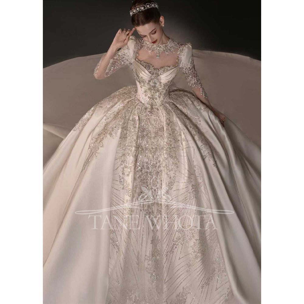 TW734 O-Neck Long Sleeve Wedding Dress Embroidery Beading Crystal Ball Gown Sexy Bridal Customized Dress