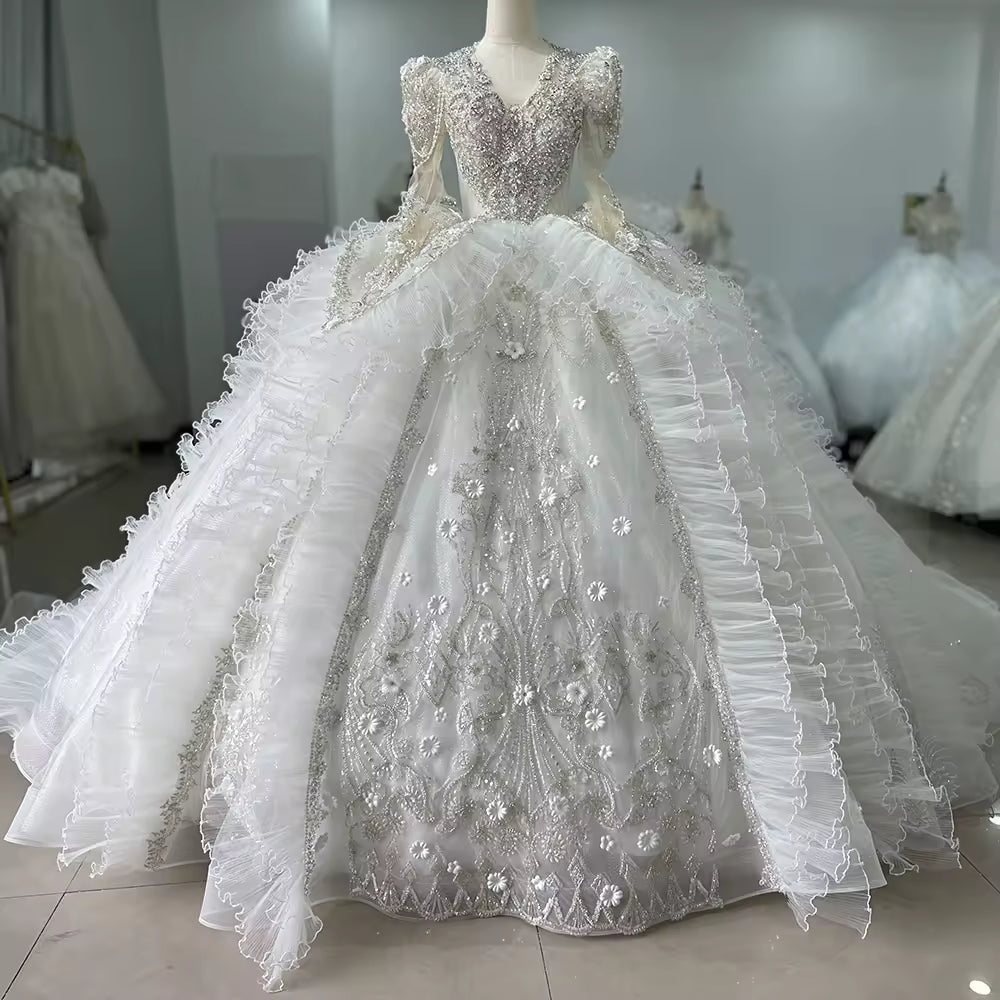 TW178 Vestidos Boda V-Neck Long Sleeve Wedding Dress Lace Up Keyhole Back Beading Crystal Ball Gown Bridal Dress