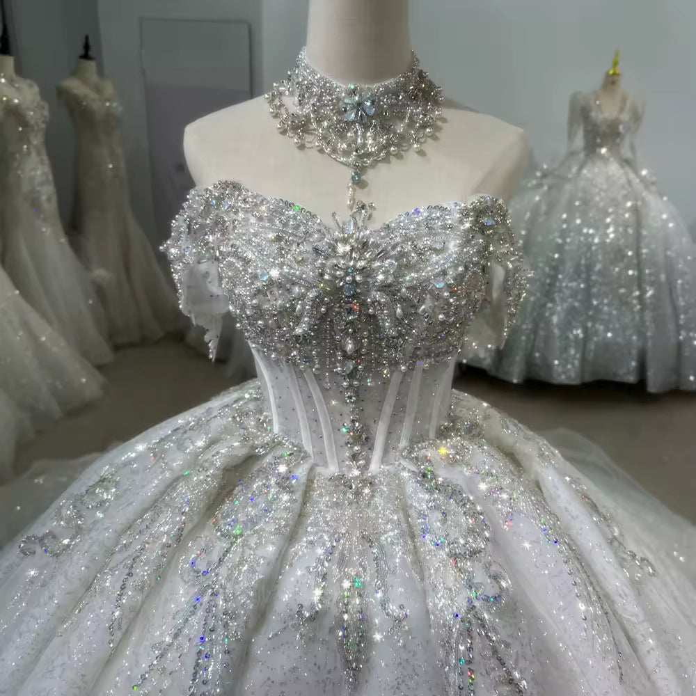 TW136 Civil Wedding Dress Sleeveless Off Shoulder Lace Up Back Wedding Dress Beading Sequined Crystal Ball Gown Bridal Dress