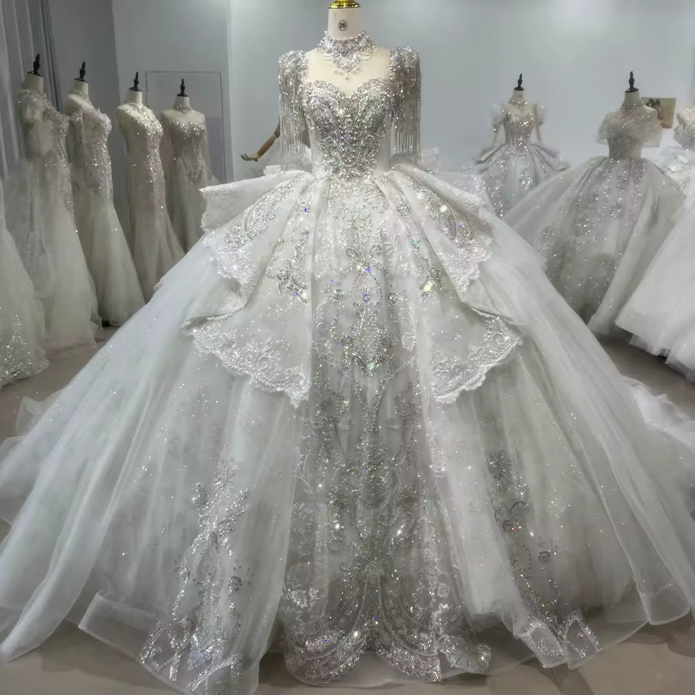 TW106 Bridal Dresses Short Sleeve O neck Wedding Dress Lace Up Back Ball Gown Bow Tassel Beading Crystal Embroidery Bridal Dress