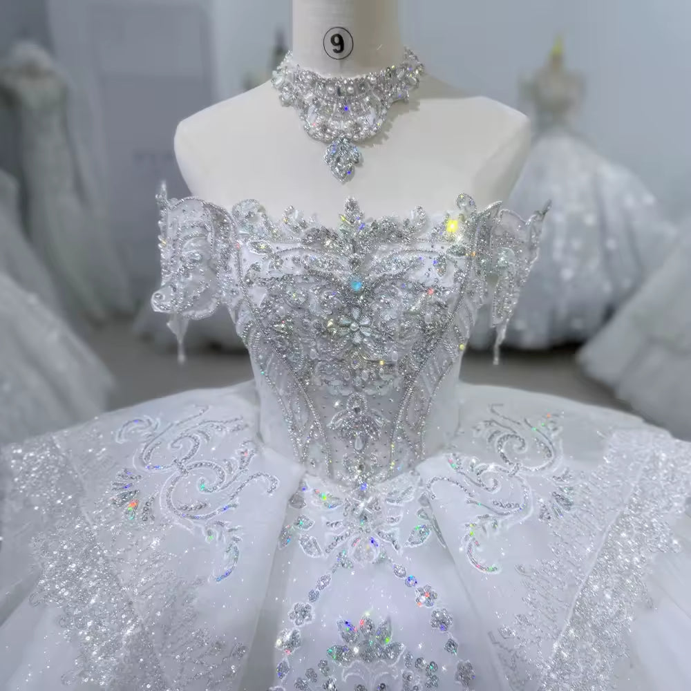 TW110 Off White Wedding Dress Off The Shoulder Lace Up Back Sequined Beading Embroidery Ball Gown Bridal Dress