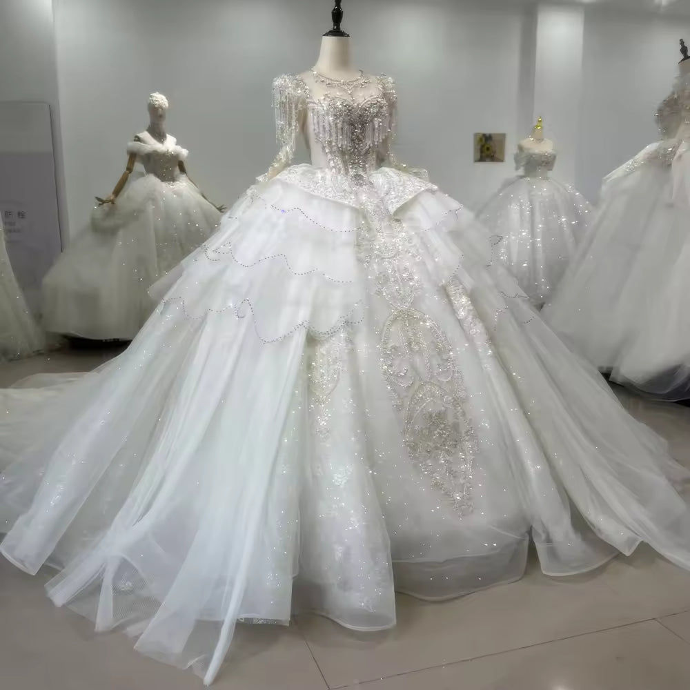 TW156 Wedding Dress Long Sleeve Sweetheart Lace Up Keyhole Back Beading Crystal Embroidery Ball Gown Customized Luxury Bridal Dress