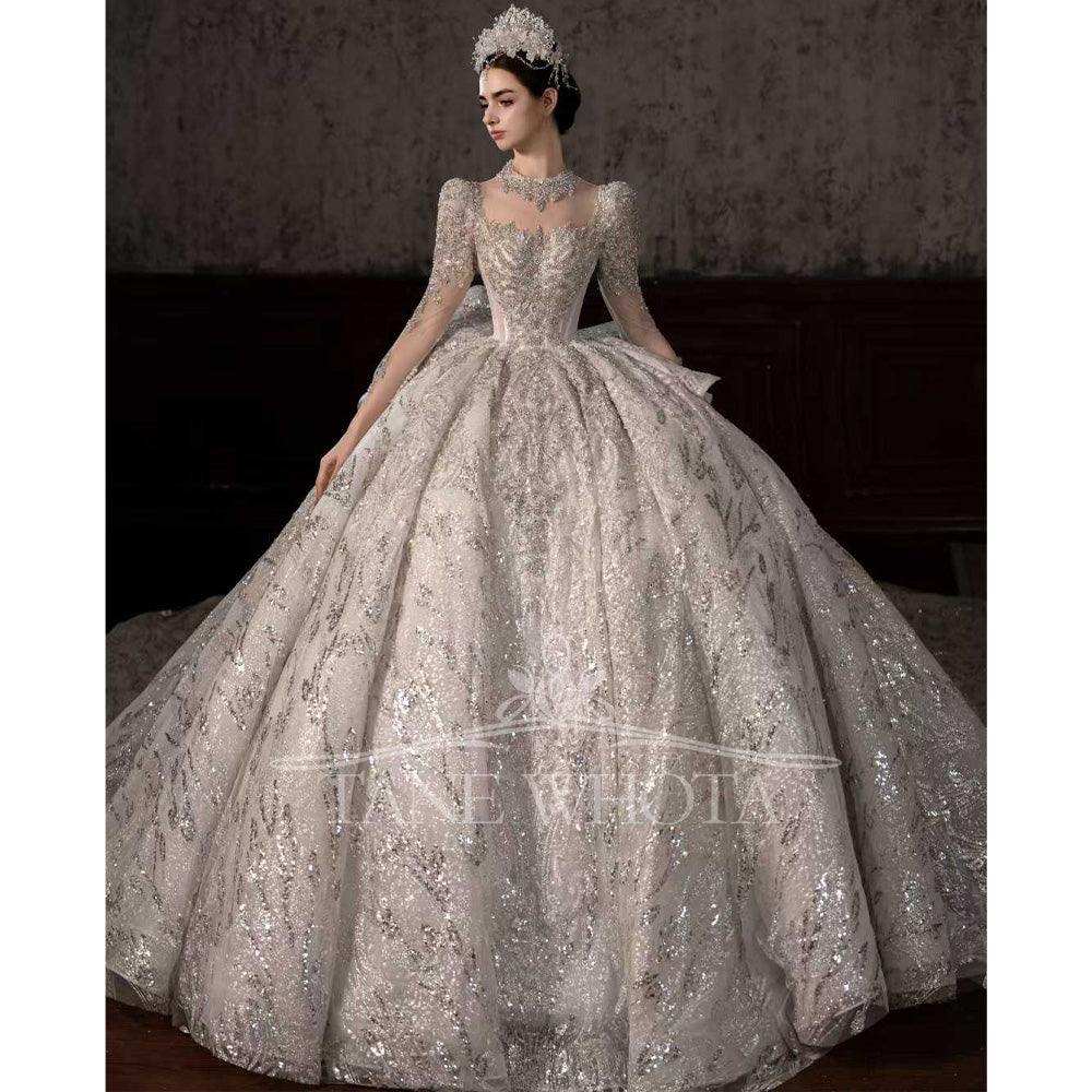 TW546 Women's Luxury Wedding Dress With High Long Sleeves Sequined Beading Ball Gown Customized Bridal Gown For Special Occasions