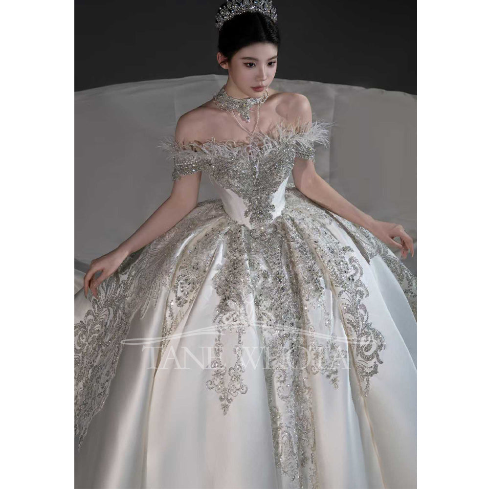 TW678 Sweetheart Off-Shoulder Beaded Sequined Feathers Ball Gown Wedding Dress Sexy Customized Vestido De Novia Boda