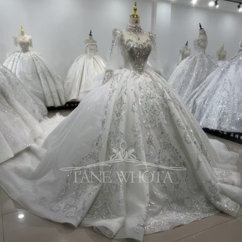TW432 O-Neck Long Sleeve Lace-Up Back Ball Gown Bridal Dress Sequined Crystal Beading Customizable Luxury Wedding Dress