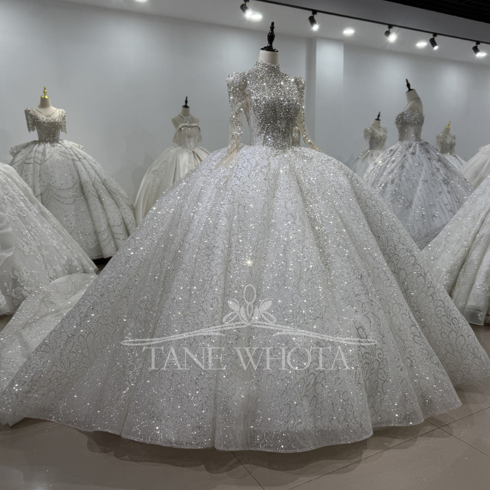 TW628 Vestidos Boda High Long Sleeve Crystal Sequined Wedding Dress Lace-Up Keyhole Back Customized Ball Gown For Brides