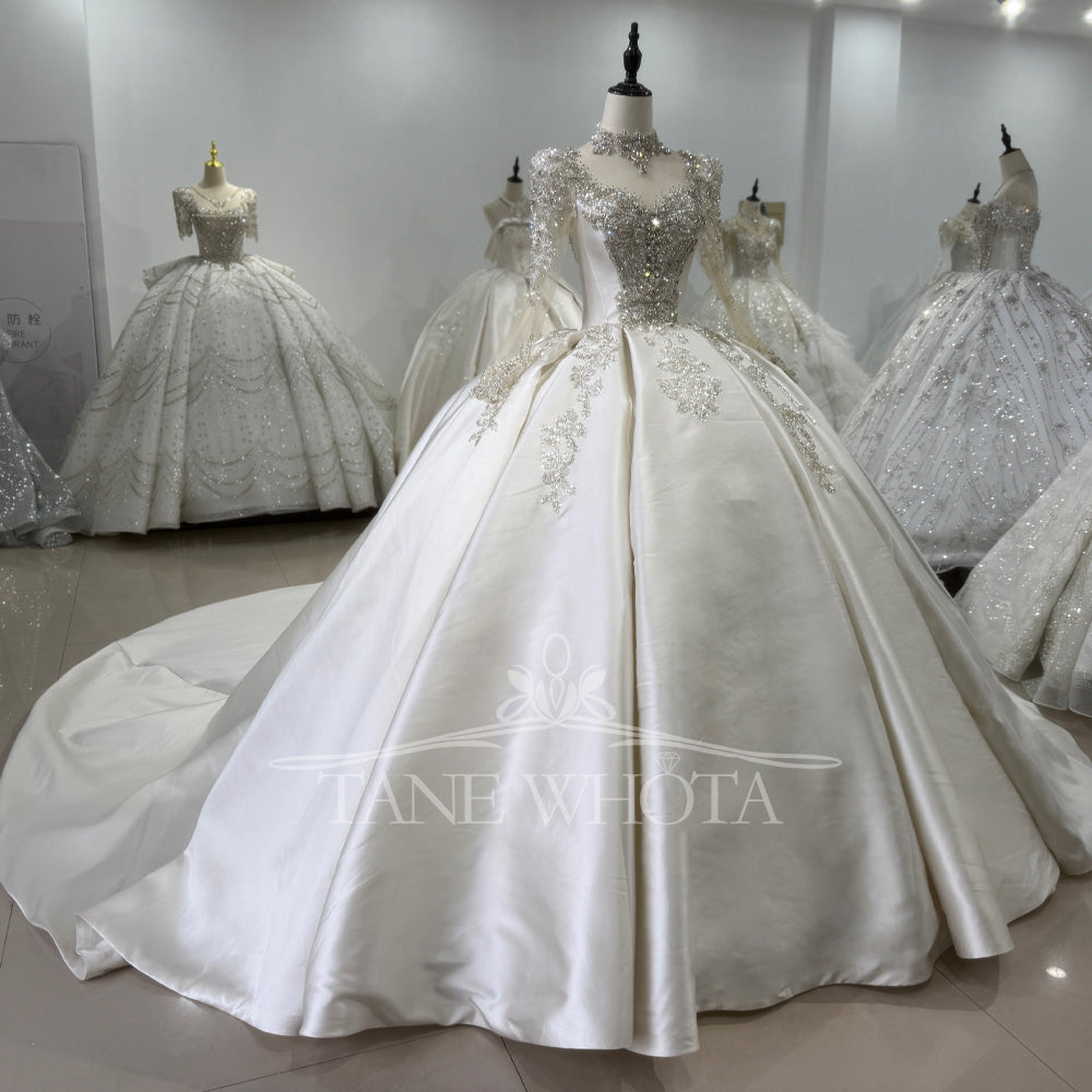 TW617 High Long Sleeve Crystal Sequined Wedding Dress With Lace-Up Keyhole Back Customized Ball Gown For Brides