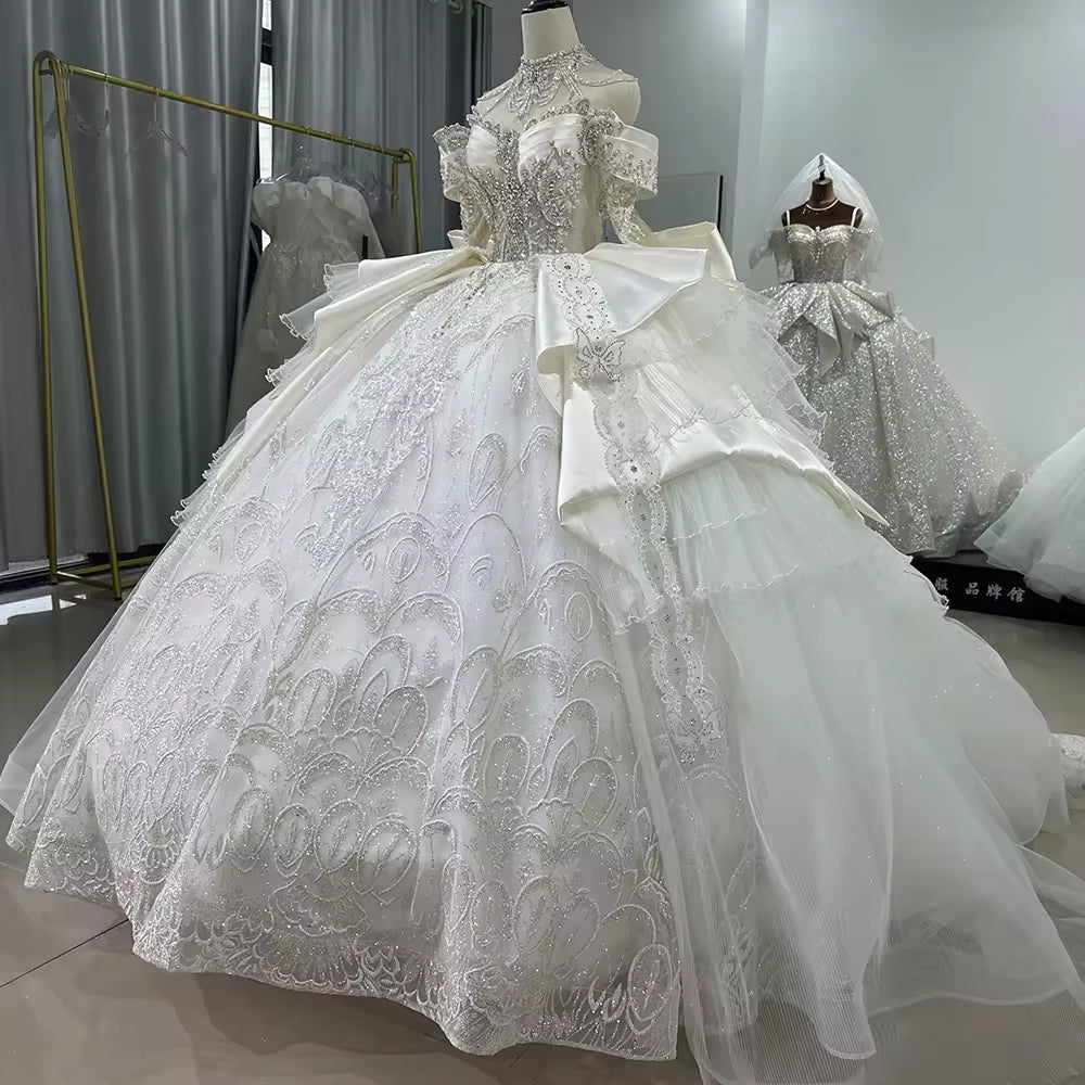 TW168 Vestido Casamento Long Sleeve Sweetheart Bow Wedding Dress Lace Up Back Ball Gown Sequined Beading Embroidery Bridal Dress