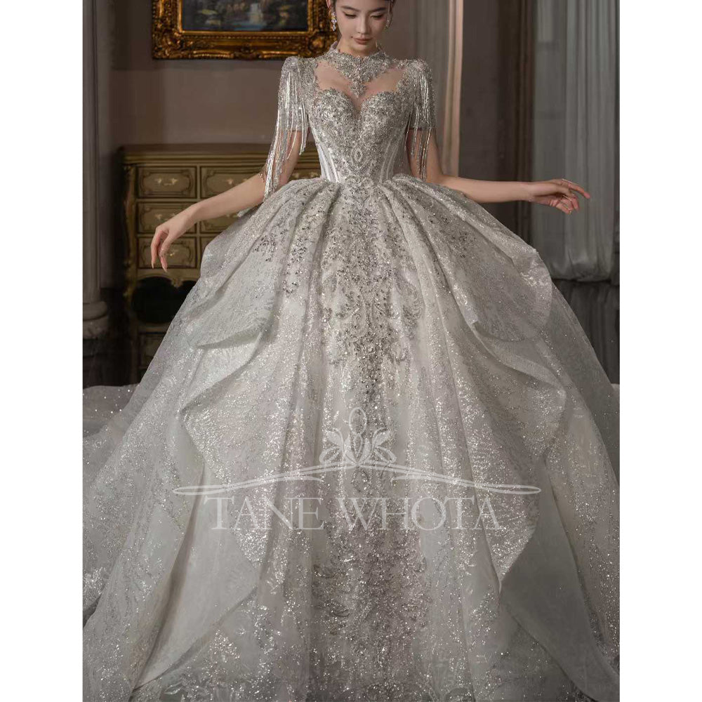 TW659 Civil Wedding Dress O-Neck Short Sleeve Lace Up Keyhole Back Beaded Sequined Crystal Customized Luxury Bridal Gown