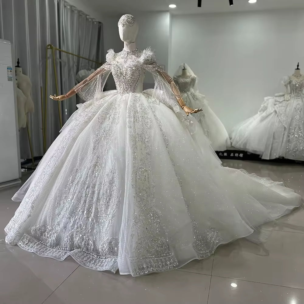 TW140 Vestido Novia Civil High Flare Sleeve Wedding Dress Lace Up Keyhole Back Beading Crystal Ball Gown Bridal Dress