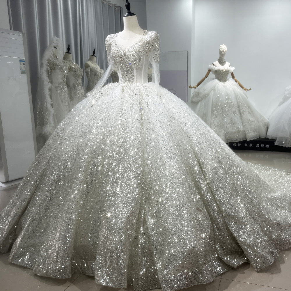 TW089 Silver Wedding Dress Luxo Long Sleeve O-Neck Lace Up Back Beading Sequins Star Crystal Ball Gown Bridal Dress
