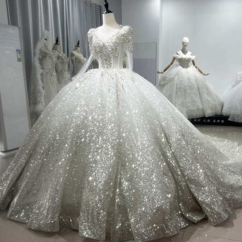 TW089 Silver Wedding Dress Luxo Long Sleeve O-Neck Lace Up Back Beading Sequins Star Crystal Ball Gown Bridal Dress