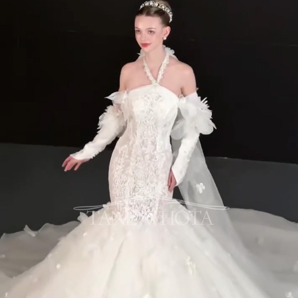 TW738 Elegant Sequined Halter Bridal Dress Long Sleeve Embroidery Sheath Fit Wedding Gown For Women 2026 Appliques Mariée Robe
