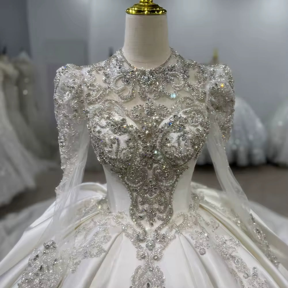 TW101 Satin Wedding Dress High Long sleeve Lace Up Back Customized Wedding Dress Beading Crystal 2025 New Bride Wedding Dresses
