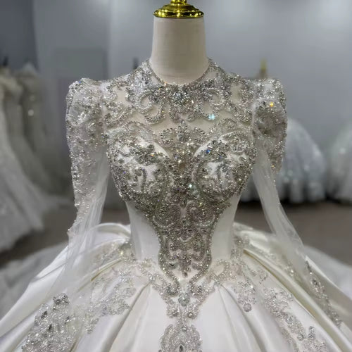 TW101 Satin Wedding Dress High Long sleeve Lace Up Back Customized Wedding Dress Beading Crystal 2025 New Bride Wedding Dresses