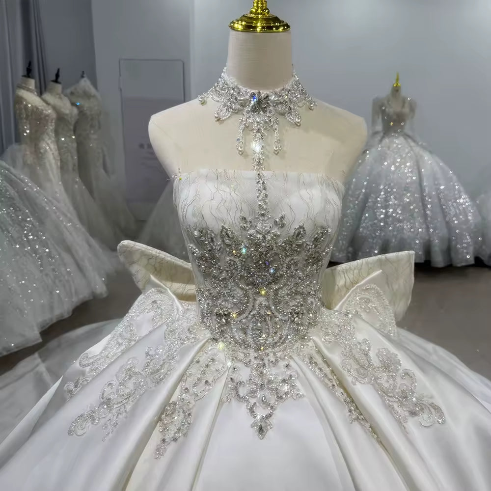 TW107 Robe De Mariage Civil Sleeveless Strapless Wedding Dress Lace Up Back Ball Gown Bow Sequined Beading Embroidery Bridal Dress