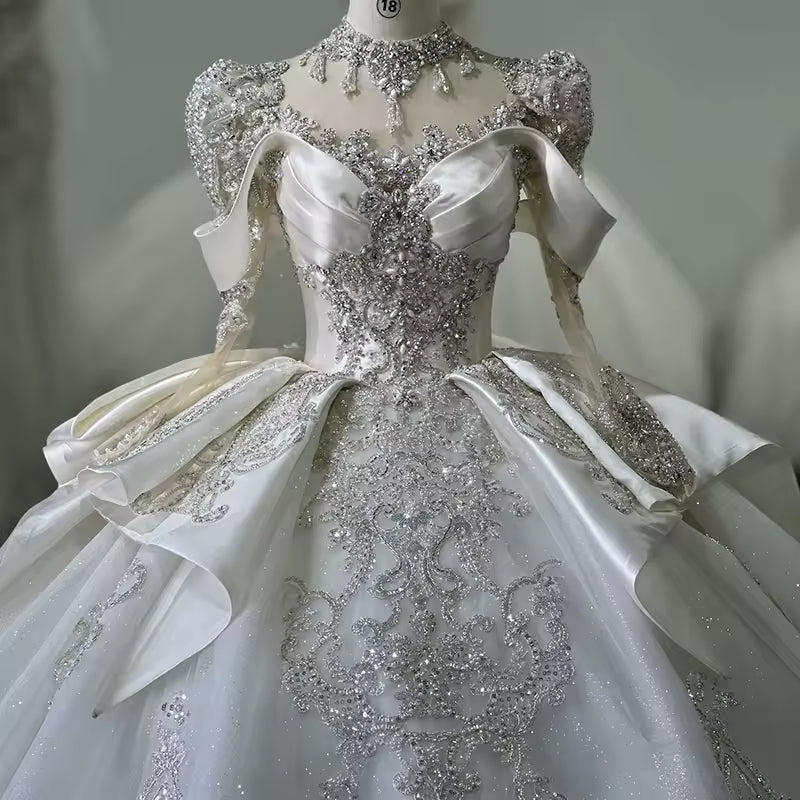 TW141 Long Sleeve Sweetheart Lace Up Back Wedding Dress Bow Beading Sequined Star Crystal Ball Gown Bridal Dress