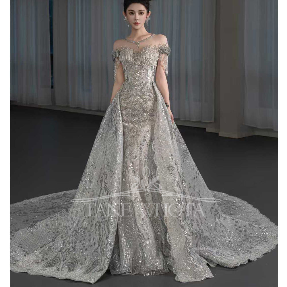 TW670 Luxury O-Neck Short Sleeve Wedding Dress With Lace Up Keyhole Back Embroidery Beading Sequined Tassel Sheath Customized