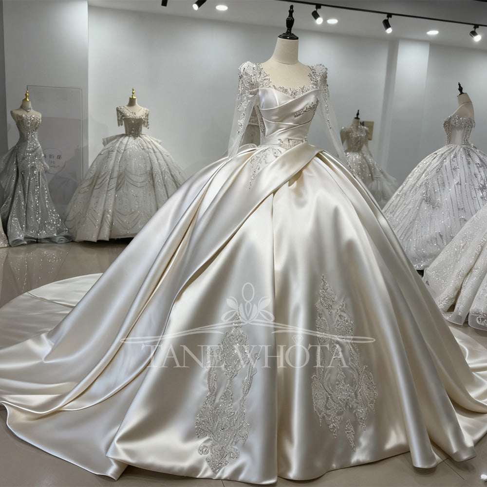 TW647 Crystal Embroidery Square Collar Long Sleeve Wedding Dress With Lace-Up Back Customized Ball Gown For Civil Wedding