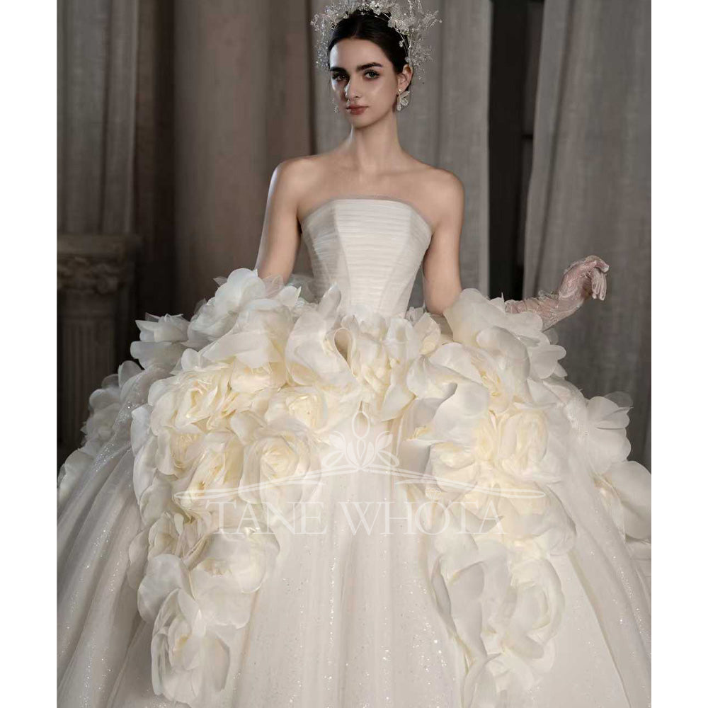 TW547 Luxury Strapless Wedding Dress 3D Flower Ball Gown Customized Civil Ceremony Bridal Gown Elegant White Wedding Dress