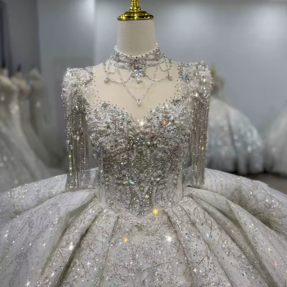 TW109 düğün elbisesi Short Sleeve O-Neck Wedding Dress Lace Up Back Beading Crystal Embroidery Sequined Ball Gown Bridal Dress