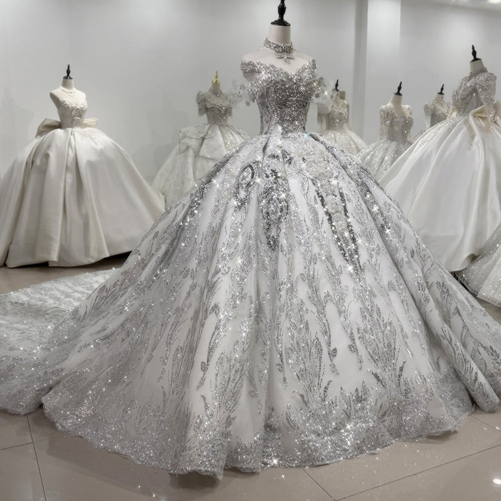 TW129 Luxury Silver Wedding Dress O-Neck Lace Up Keyhole Back Beading Crystal Embroidery Ball Gown Bridal Dress