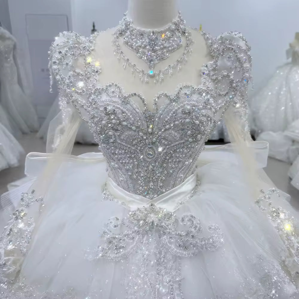 TW111 Vestido Noiva Casamento Civil Long Sleeve High Neck Wedding Dress Lace Up Back Ball Gown Tiered Beading Bow Bridal Dress