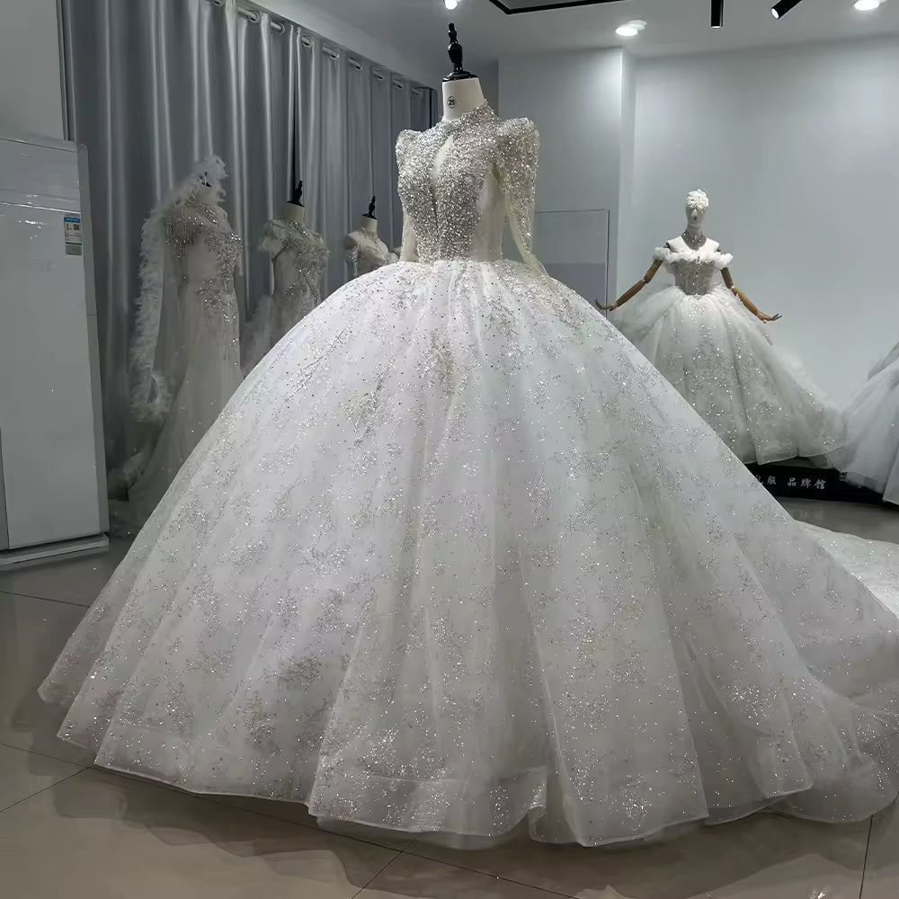 TW160 Wedding Dress High Neck Long Sleeve Lace Up Keyhole Back Wedding Dress Beading Sequins Star Ball Gown Bridal Dress