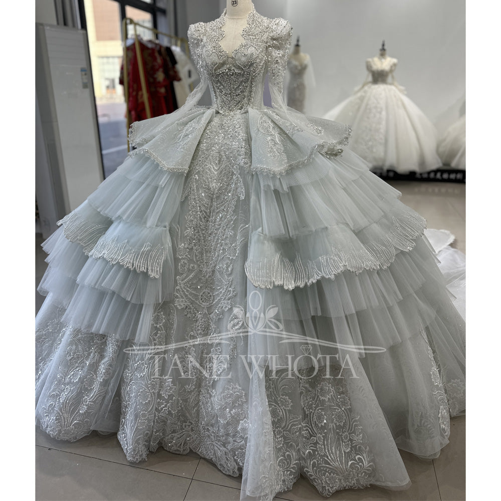 TW592 Women's Scalloped Long Sleeve Lace-Up Back Beaded Sequined Wedding Dress Customized Ball Gown Keyhole Detail