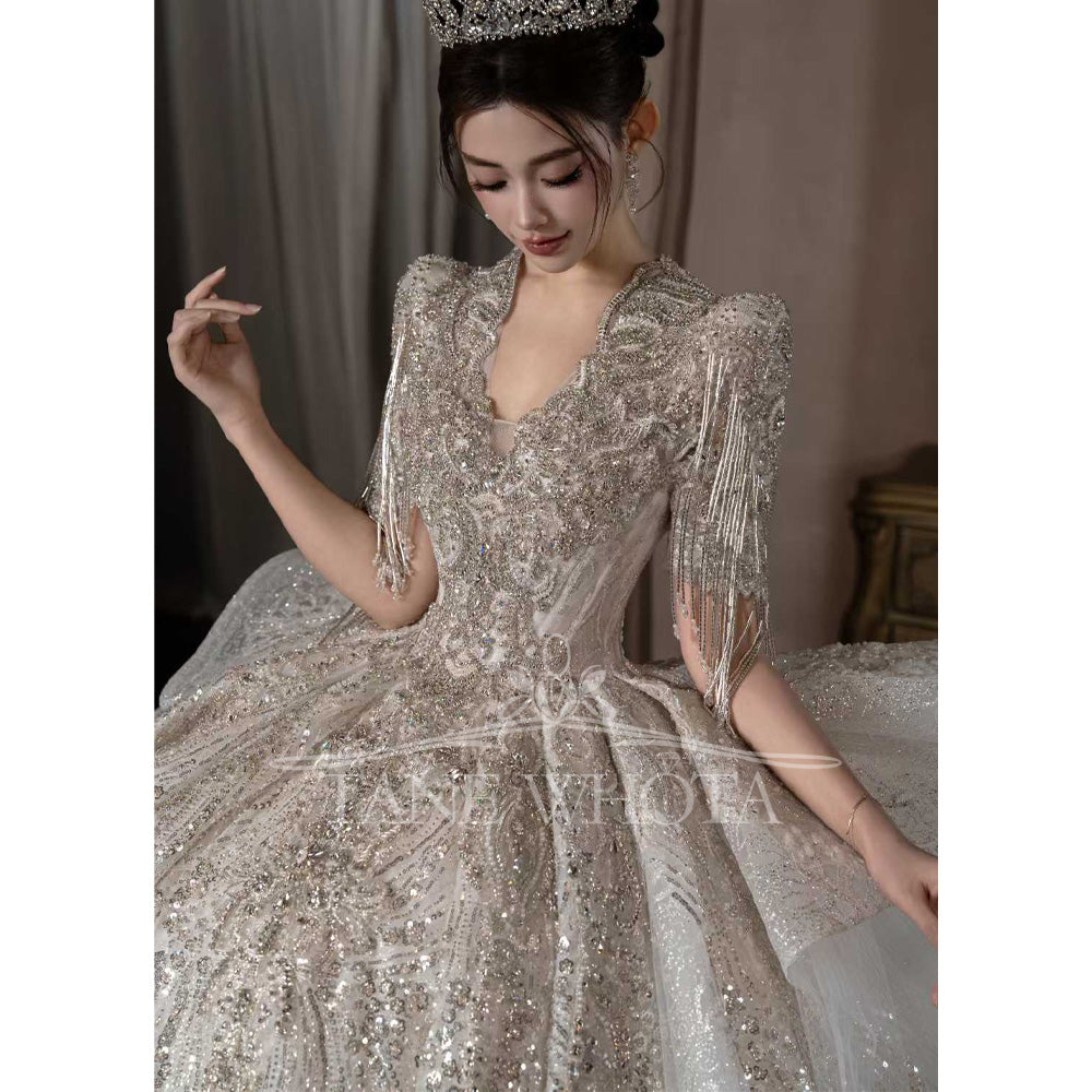 TW674 Sexy Scalloped Short Sleeve Beaded Sequined Ball Gown Wedding Dress Civil Ceremony Robe Customized Mariée